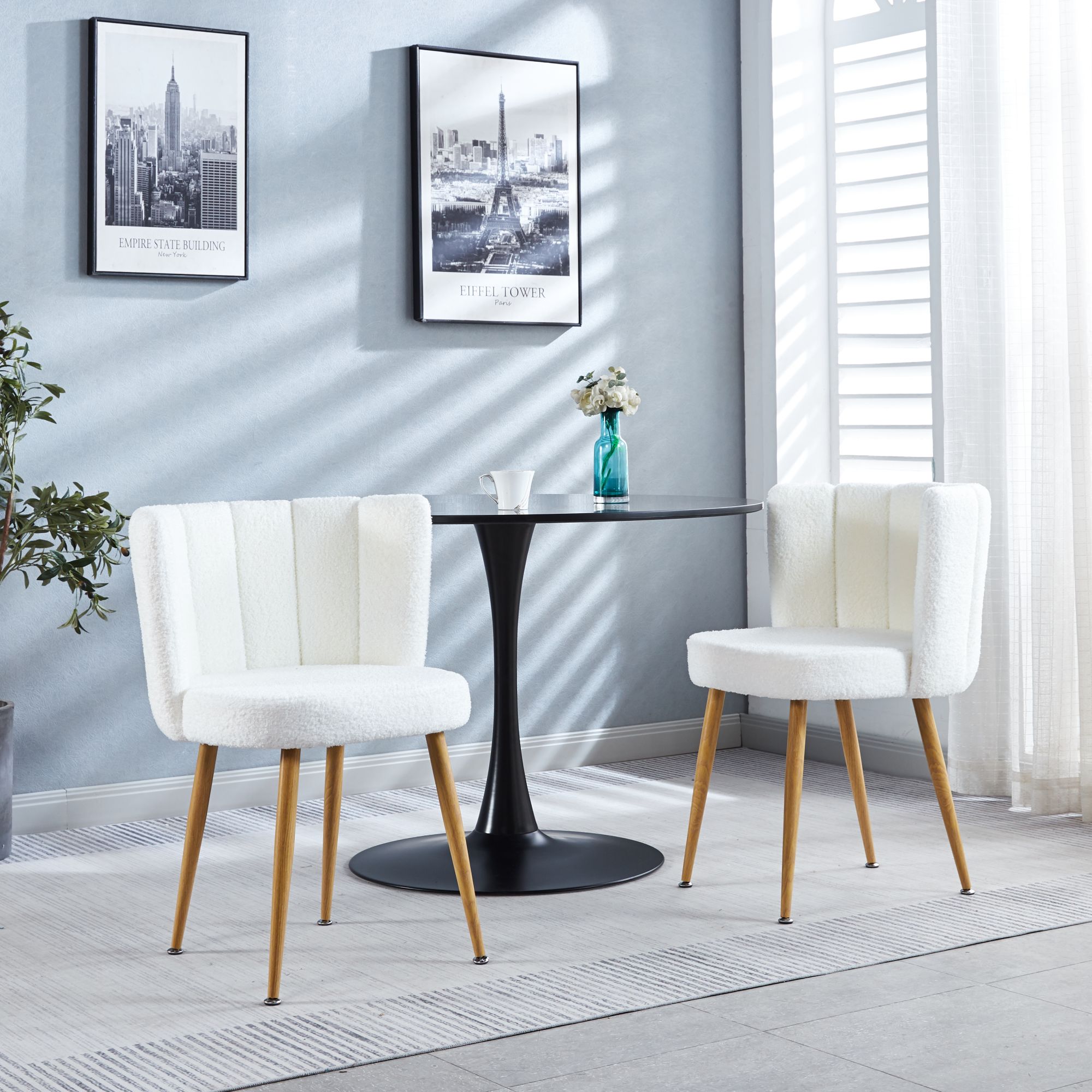 Faux Fur Dining Chairs, Modern Dining Chair with Wood Color Metal Legs, Upholstered Dining Chairs, Accent Desk Chair Suitable for Dining Room, Living Room(White,Set of 2)